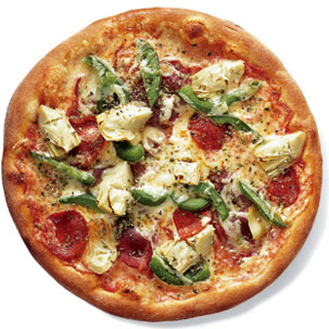 Pizza med Pepperoni Hot, artiskok og bacon