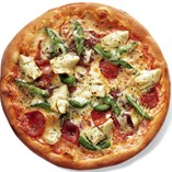 Pizza med Pepperoni Hot, artiskok og bacon
